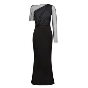 Marcella NYC Womens Medium Black Valeria One Shoulder Mesh Ponte Maxi Gown Dress